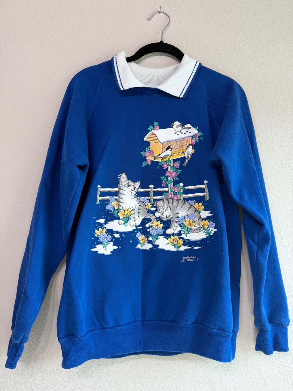 Morning Sun Vintage Cat Birdhouse Sweatshirt Women Large Blue Made in USA Retro
